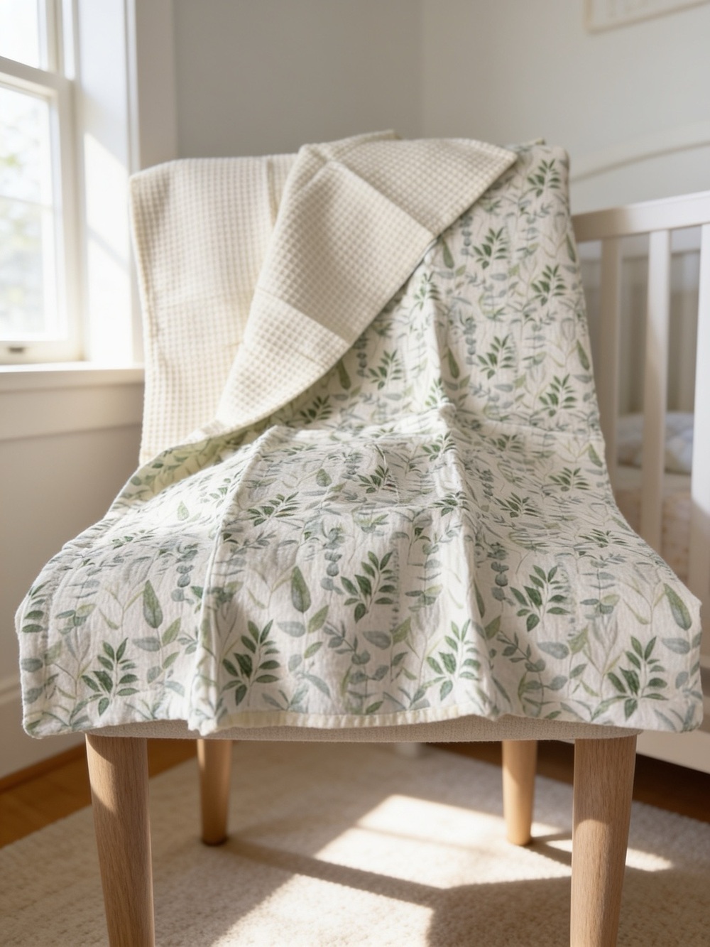 Leaf Print Muslin Waffle-Back Baby Blanket in Sage and Cream